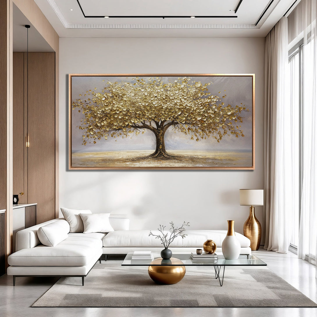 Framed Wall Art: Gold leaf tree painting. Modern, neutral color palette with gold, gray, and beige tones. Perfect for living room decor.