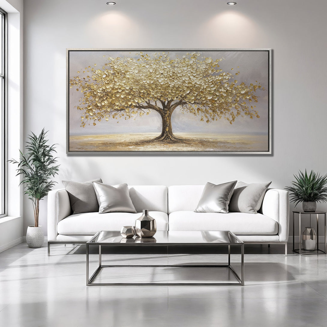 Framed Wall Art: Stunning gold leaf tree painting. Modern, neutral color palette. Perfect for living room decor. Shop now!