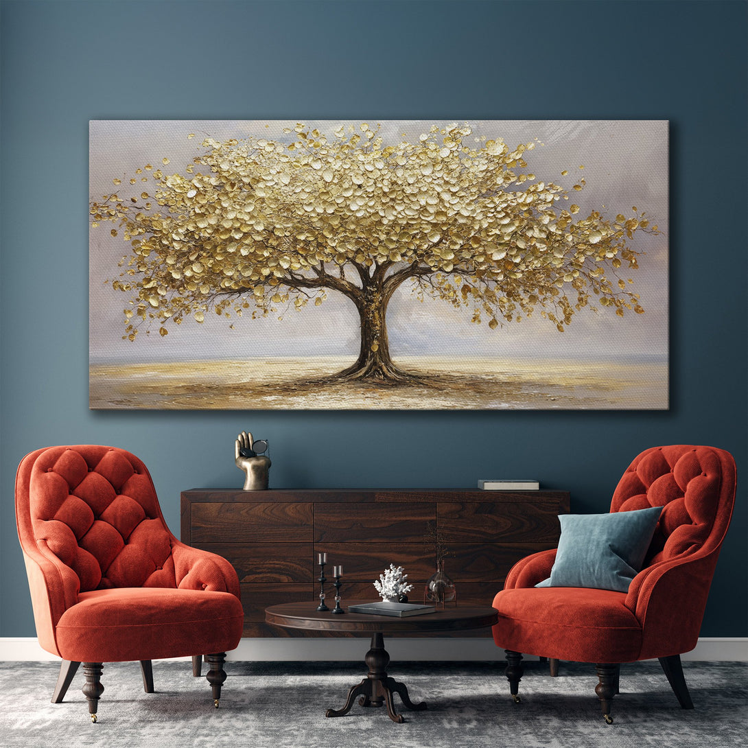 Framed Wall Art: Golden tree painting in a modern living room. Neutral palette with gold accents. Elevate your space with this stunning canvas print.