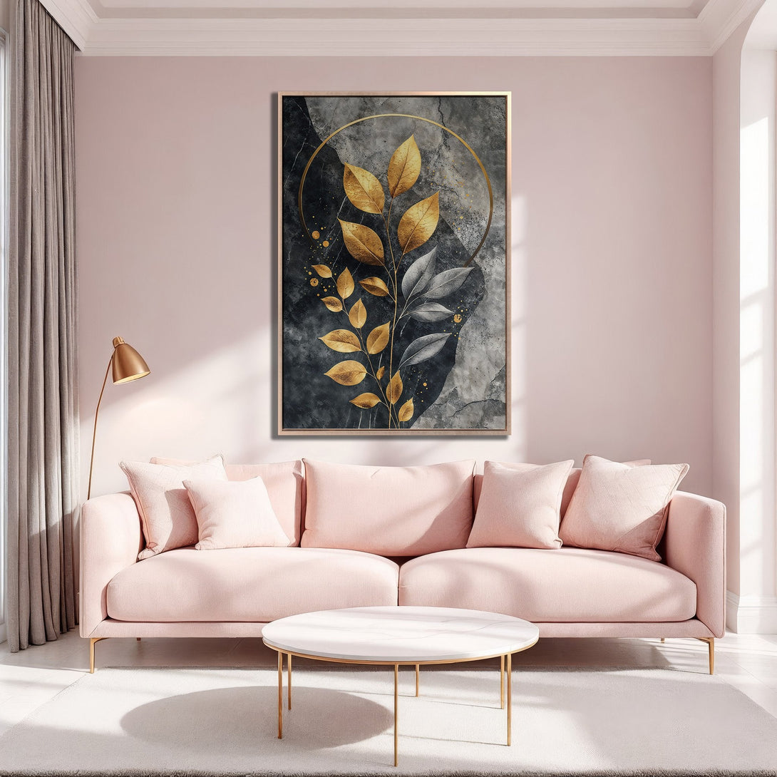 Framed Wall Art featuring gold leaf design on a dark, textured background. Modern art in a blush and gold color palette, perfect for stylish home decor.