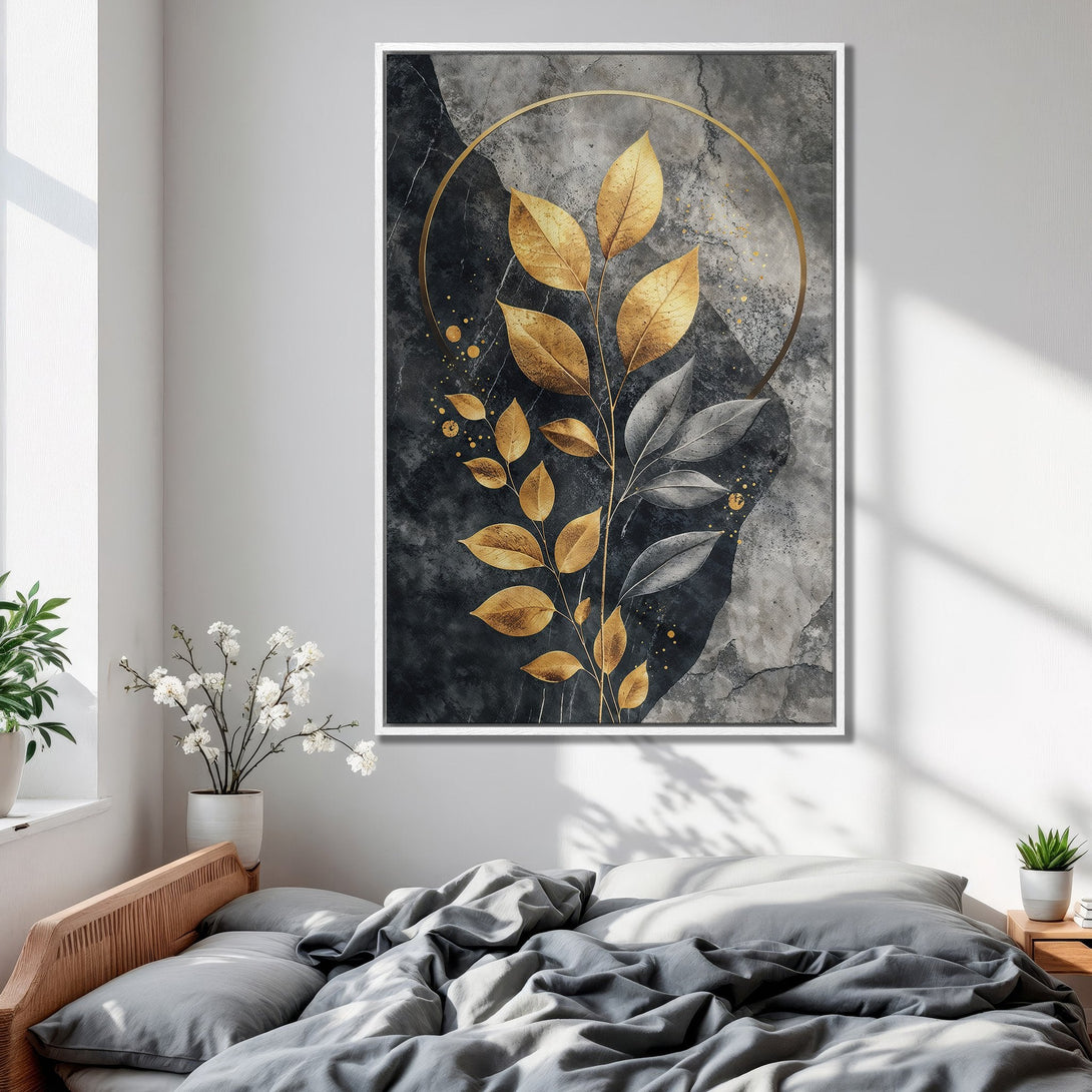 Framed Wall Art: Elegant gold leaf print on a dark, textured background. Modern botanical style with a sophisticated gray, gold, and black color palette. Perfect bedroom decor.