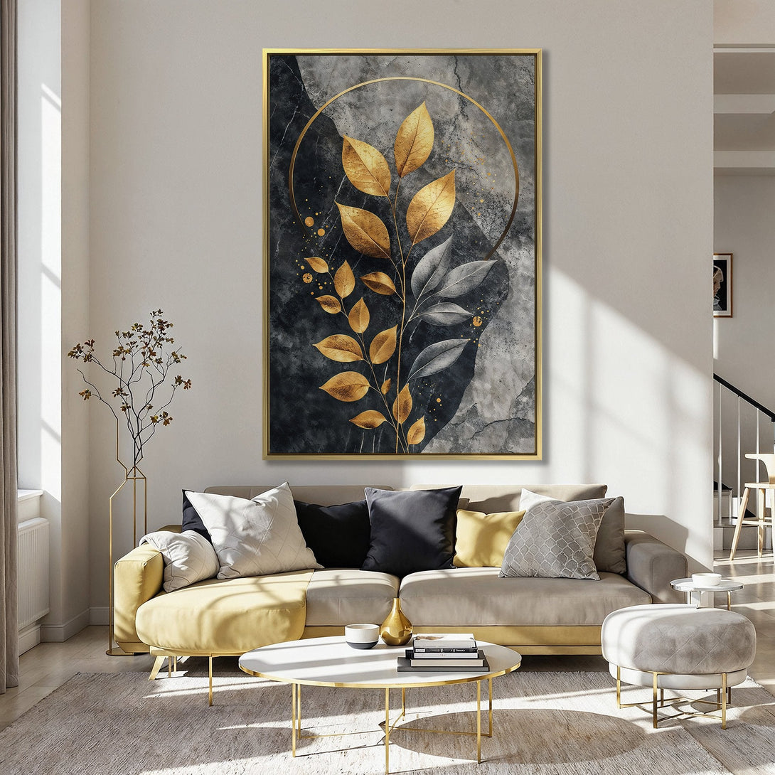 Canvas Print featuring gold leaf botanical art on a dark, textured background. Modern style with a rich, elegant color palette. Perfect for home decor.
