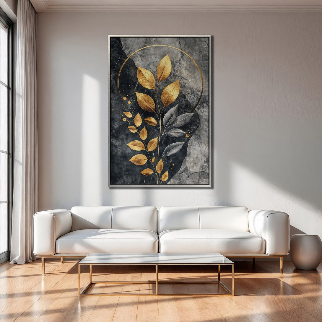 Framed Wall Art: Abstract gold leaf design on a dark background. Modern style, neutral tones with gold accents, perfect for any interior.