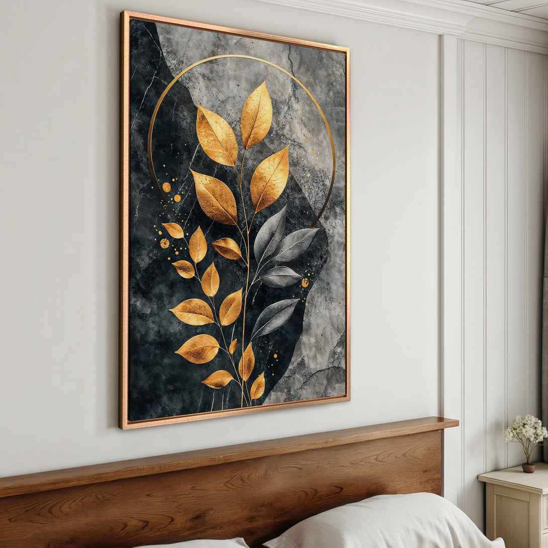 Framed Wall Art featuring gold leaf design on a dark, abstract background. Modern art with a luxurious, elegant feel. Perfect for bedroom decor.