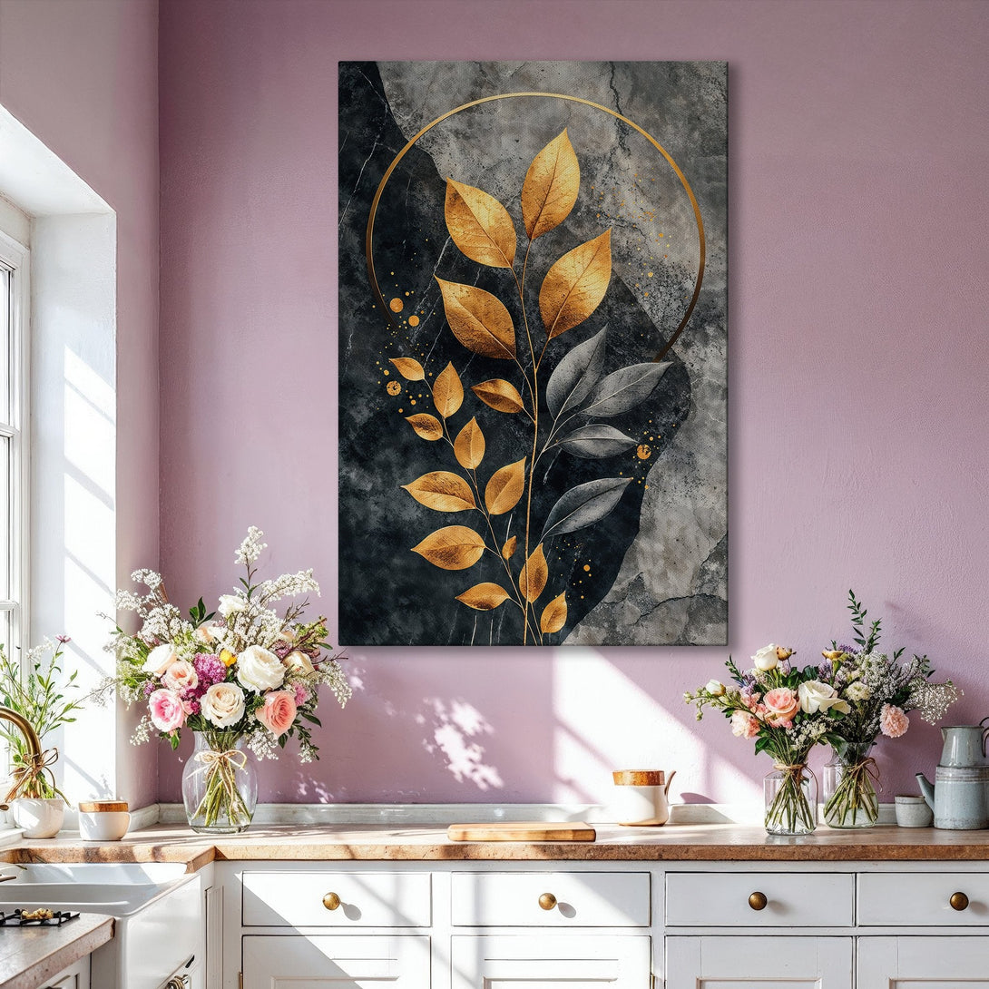 Framed Wall Art: Abstract gold leaf print in a modern interior. Features a dark gray and gold color palette, perfect for elegant home decor.