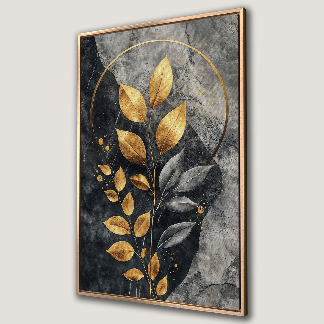 Framed Wall Art featuring gold and silver leaves on a textured gray and black background. Modern botanical art for home decor.