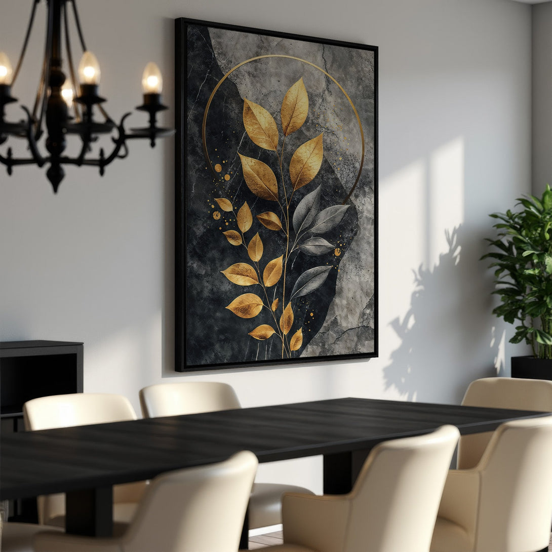 Framed Wall Art featuring a botanical design with gold and gray leaves. Modern abstract style, perfect for adding elegance to any room.