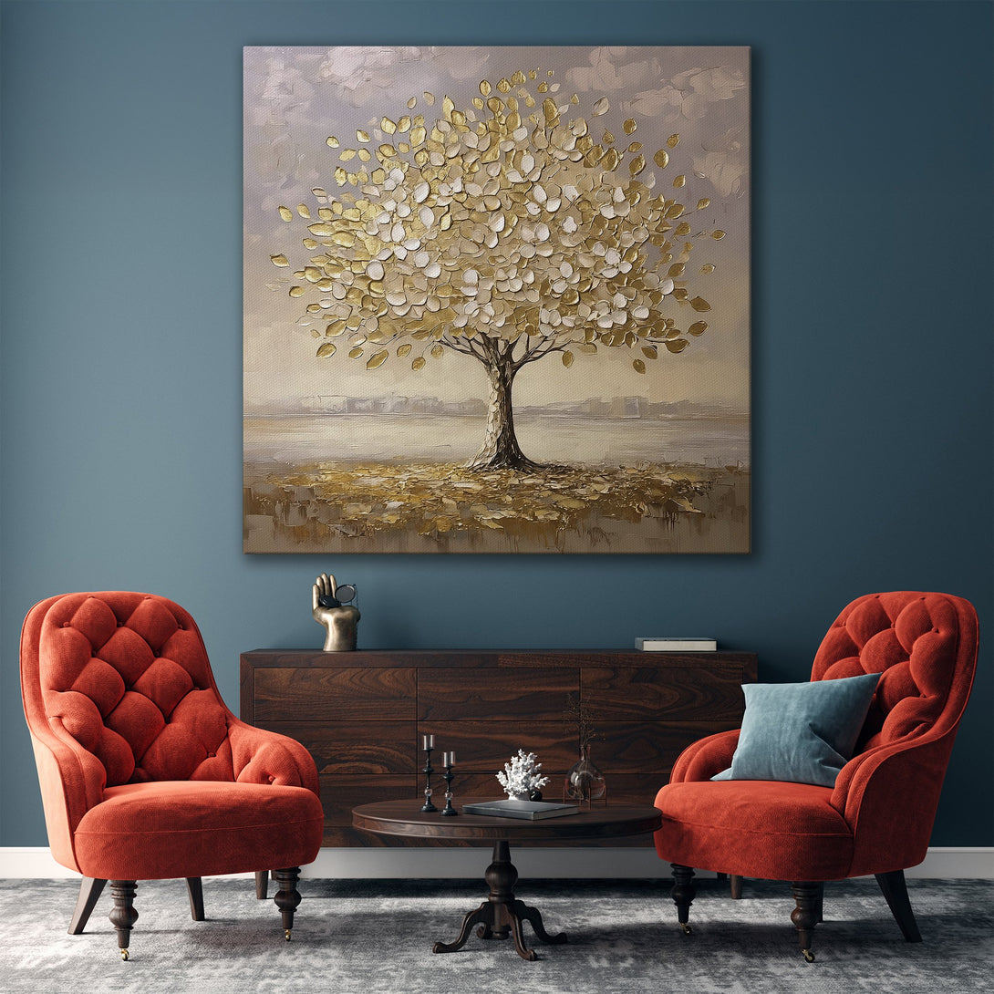 Framed Wall Art: Gold leaf tree painting in a modern interior. Neutral color palette with gold accents, perfect for living room decor.