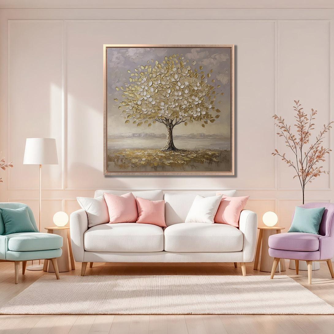 Framed Wall Art: Abstract tree painting in gold and neutral tones. Modern decor with a soft, inviting color palette. Perfect for living room or bedroom.