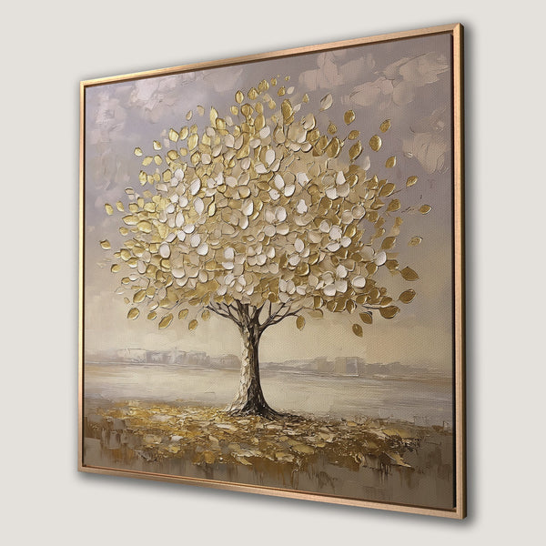 Framed Wall Art: Textured gold leaf tree painting. Neutral color palette with warm tones. Perfect for adding elegance to your home decor.