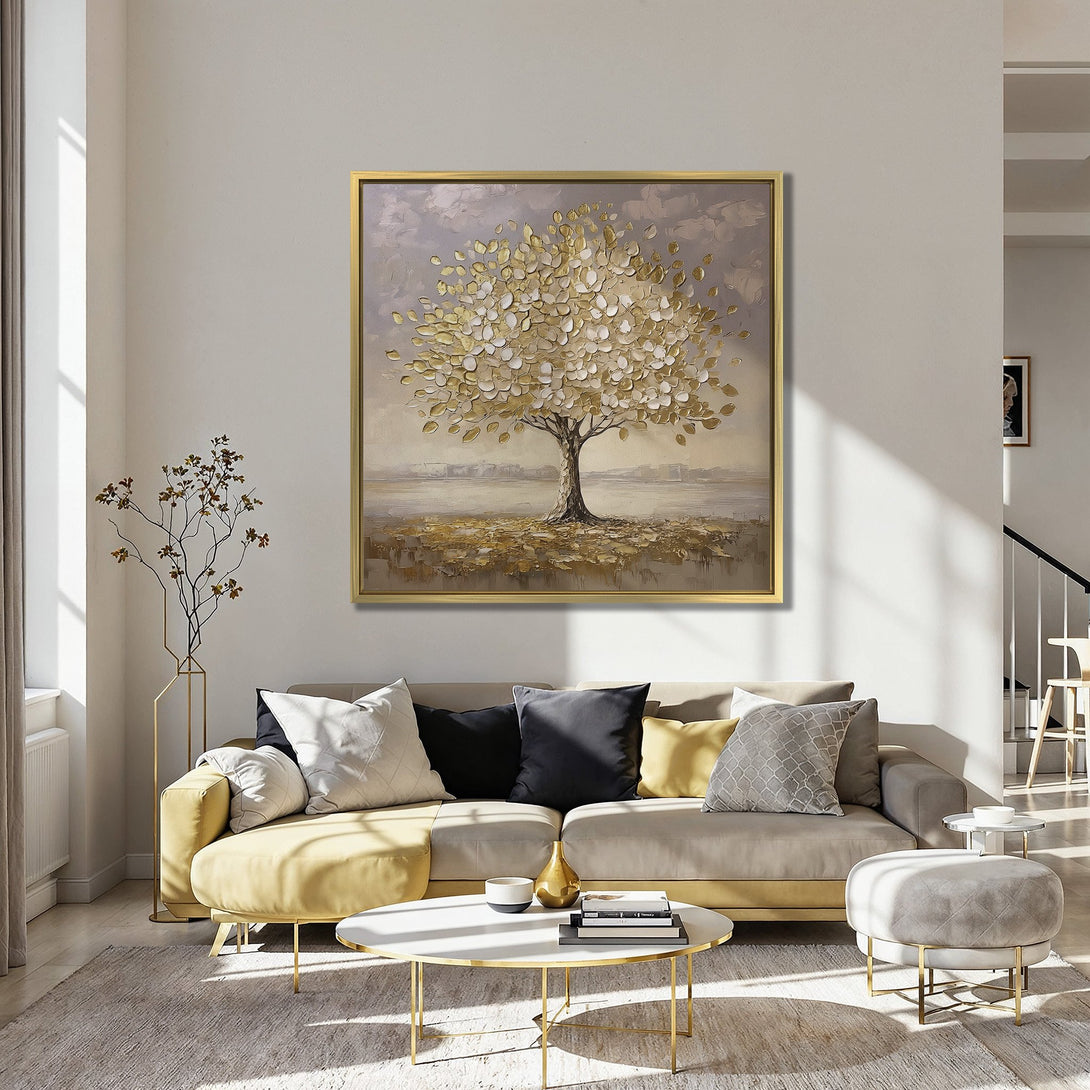 Canvas Print of a gold leaf tree painting. Modern art in a warm, neutral palette. Perfect for adding a touch of elegance to your space.