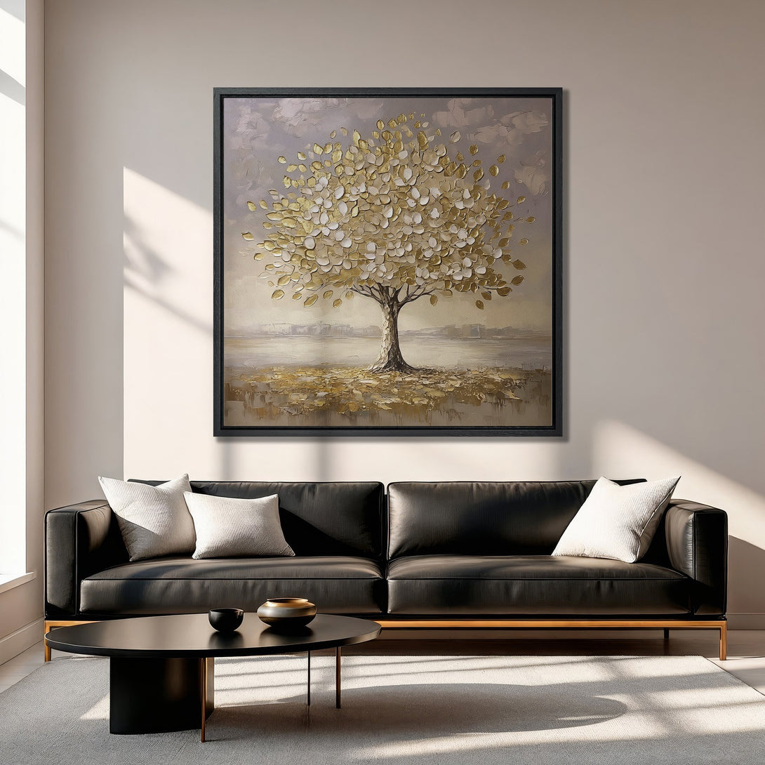 Framed Wall Art: Gold leaf tree painting in a modern living room. Neutral color palette with gold accents. Enhance your home decor with this elegant piece.