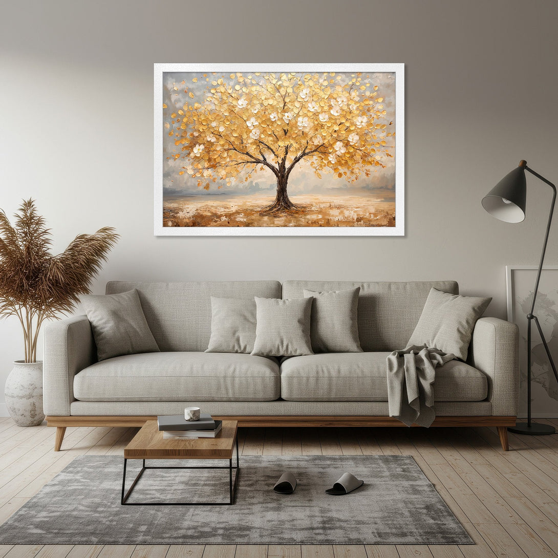 Framed Poster of a golden tree in an impressionist style, warm neutral color palette, perfect for home decor.