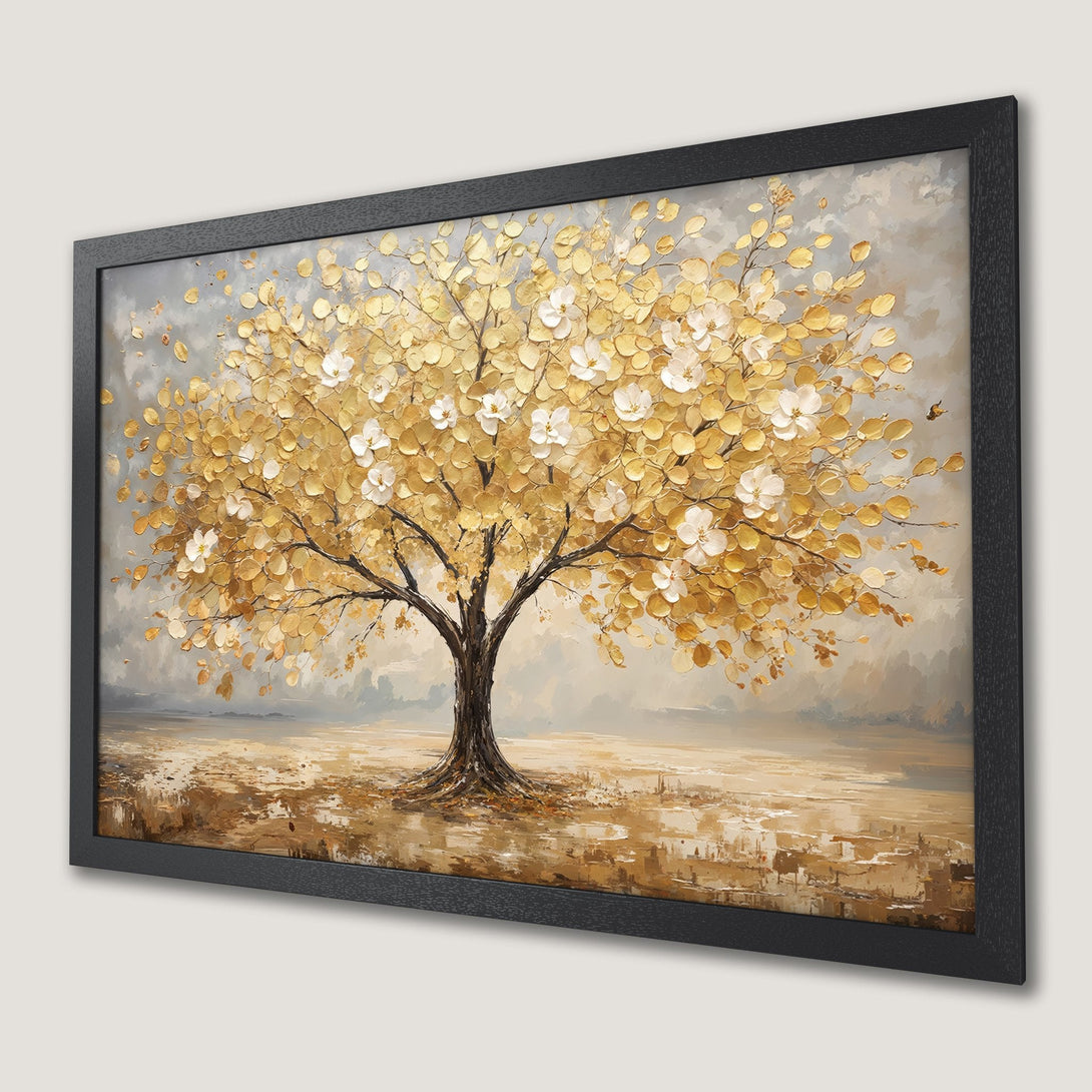 Framed Poster of a golden tree painting. Textured style, warm neutral color palette. Add art to your space!