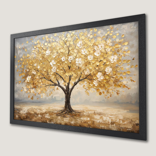 Framed Poster of a golden tree painting. Textured style, warm neutral color palette. Add art to your space!