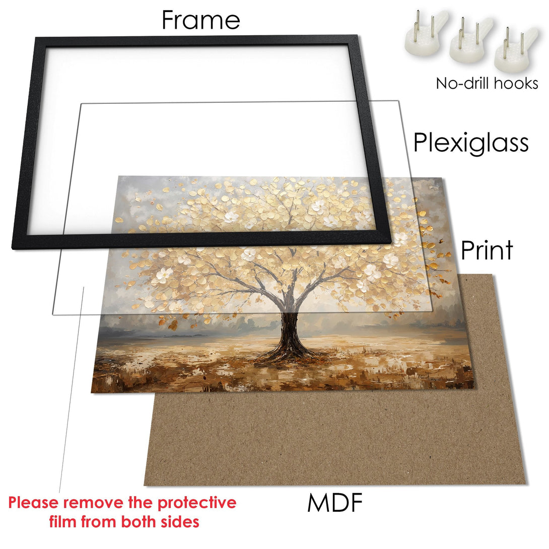 Framed Poster featuring an abstract tree painting in gold and brown tones. Perfect wall art for any space!