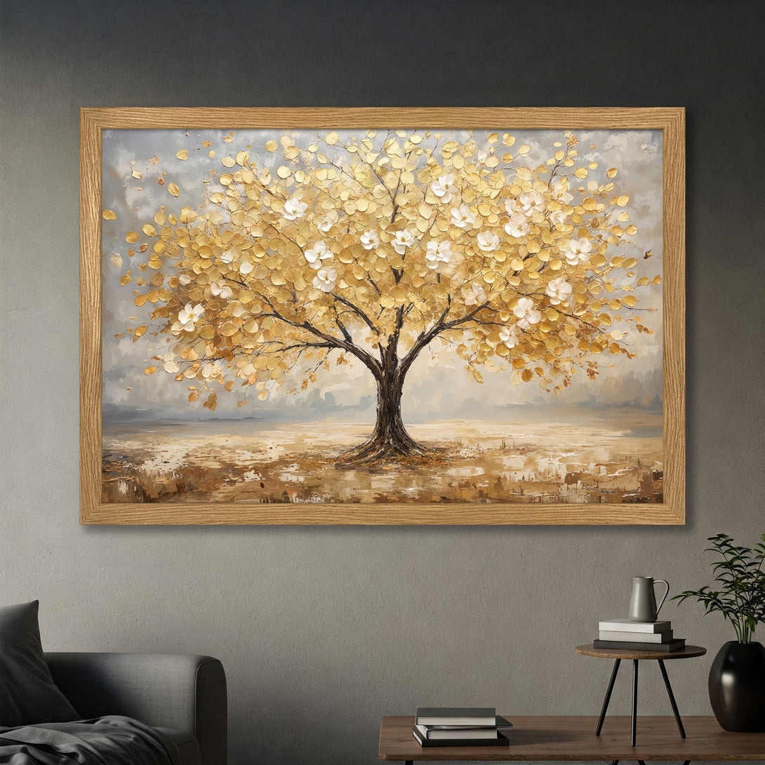 Framed Poster featuring a golden tree painting. Artistic style, warm color palette with gold, brown, and grey tones. Perfect wall decor.