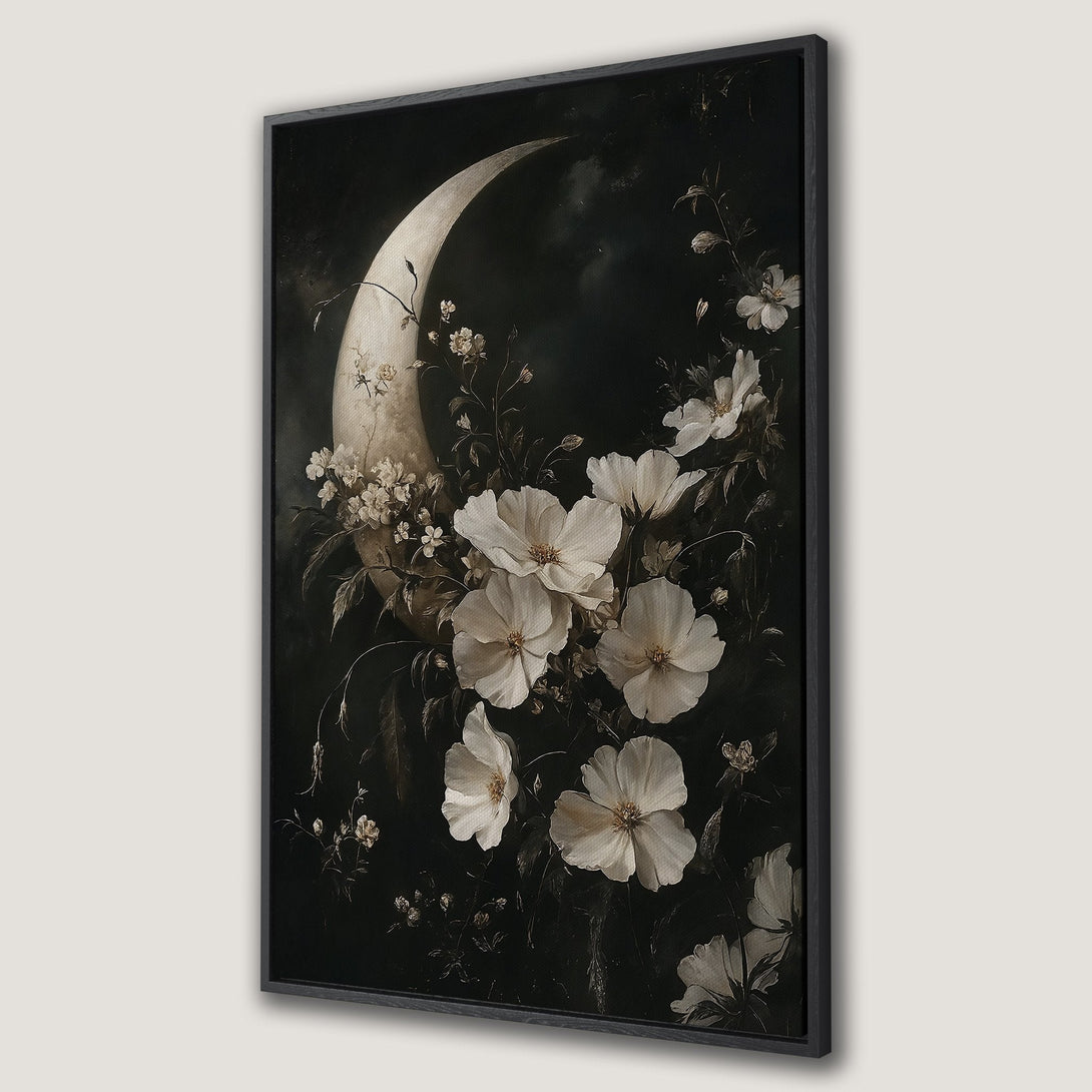 Framed Wall Art: Elegant floral moon art in a vintage style, featuring white flowers against a dark, moody background. Perfect for adding a touch of sophistication.