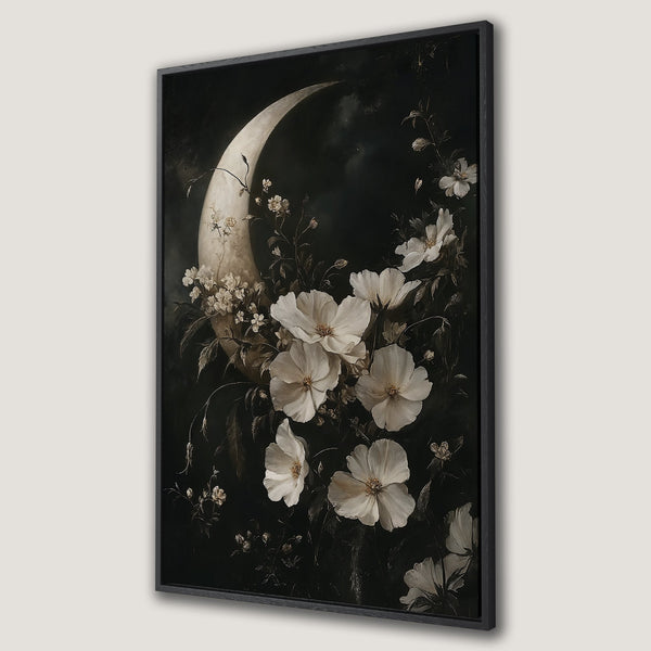 Framed Wall Art: Elegant floral moon art in a vintage style, featuring white flowers against a dark, moody background. Perfect for adding a touch of sophistication.