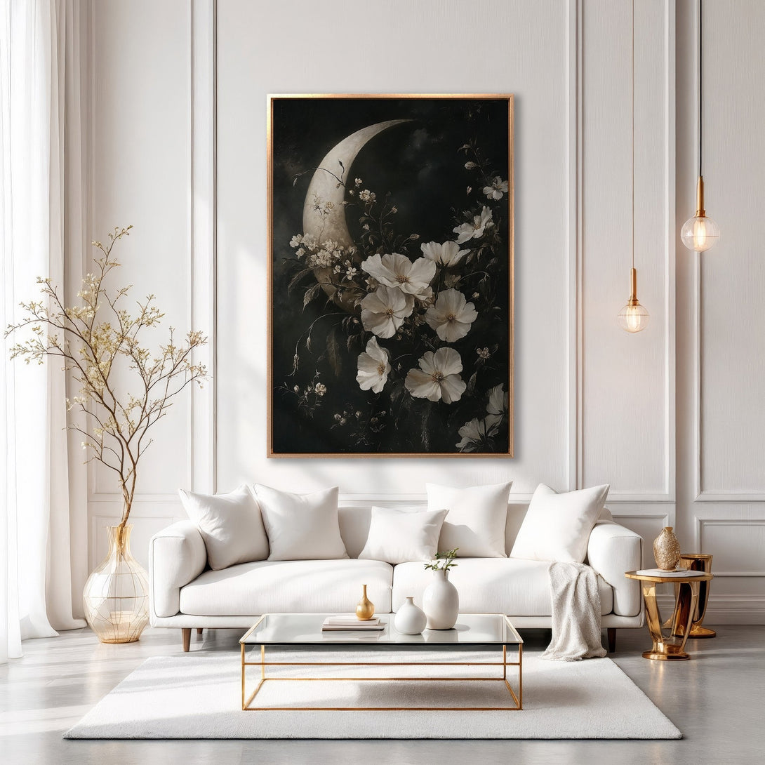 Framed Wall Art featuring a floral moon design in a dark, moody style with white and gold accents, perfect for elegant home decor.