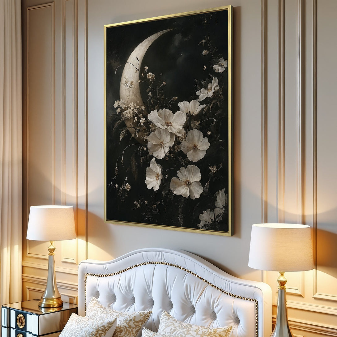 Canvas Print of a moon and floral art piece, featuring a dark, moody color palette. Modern decor for your living room.