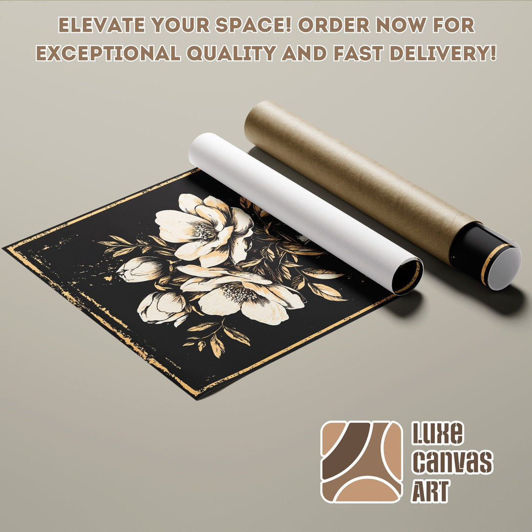 Floral Poster Roll in black and gold, elegant art for home decor.