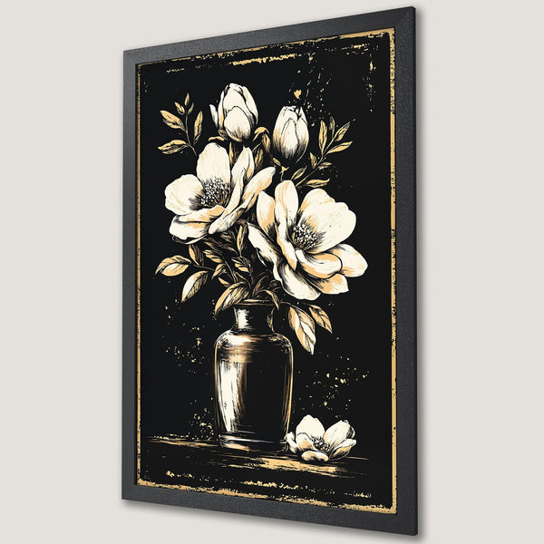 Framed Poster featuring a floral illustration in a vintage style. Black and gold color palette. Perfect wall art for a modern home.