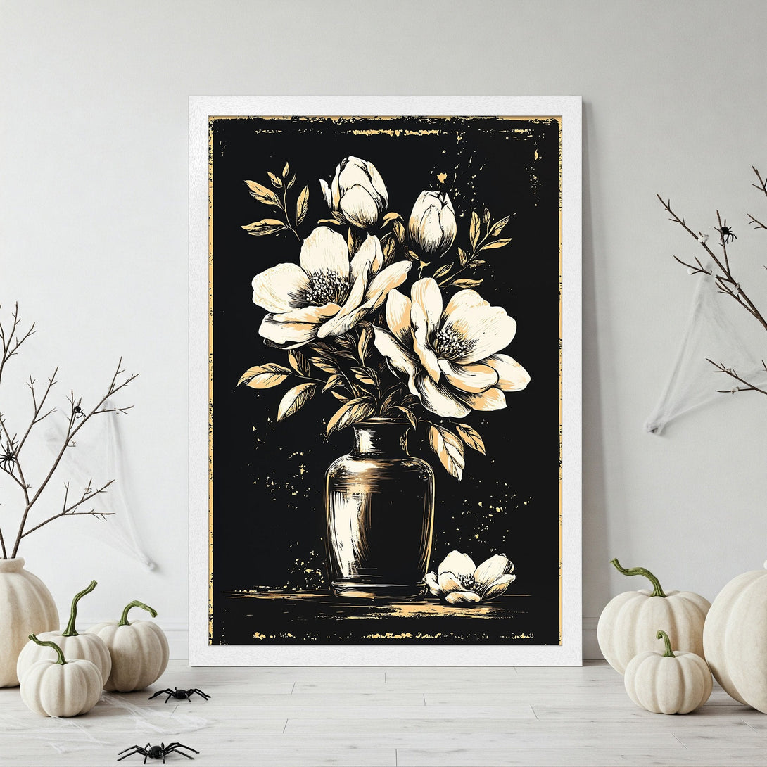 Framed Poster of elegant floral art in black, white, and gold tones. Perfect wall decor for a stylish home!