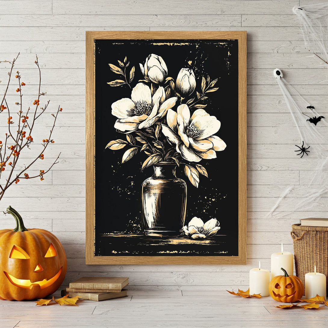Framed Poster featuring a floral illustration in a vintage style with a black and gold color palette, perfect for Halloween decor.