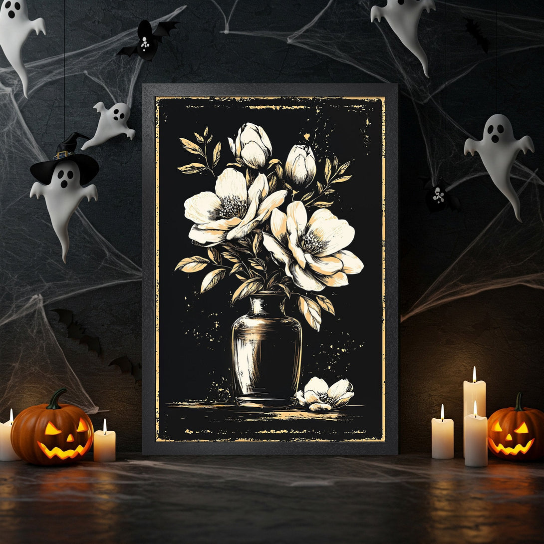 Framed Poster featuring a floral illustration in a vintage style with a black and gold color palette, perfect for Halloween decor.
