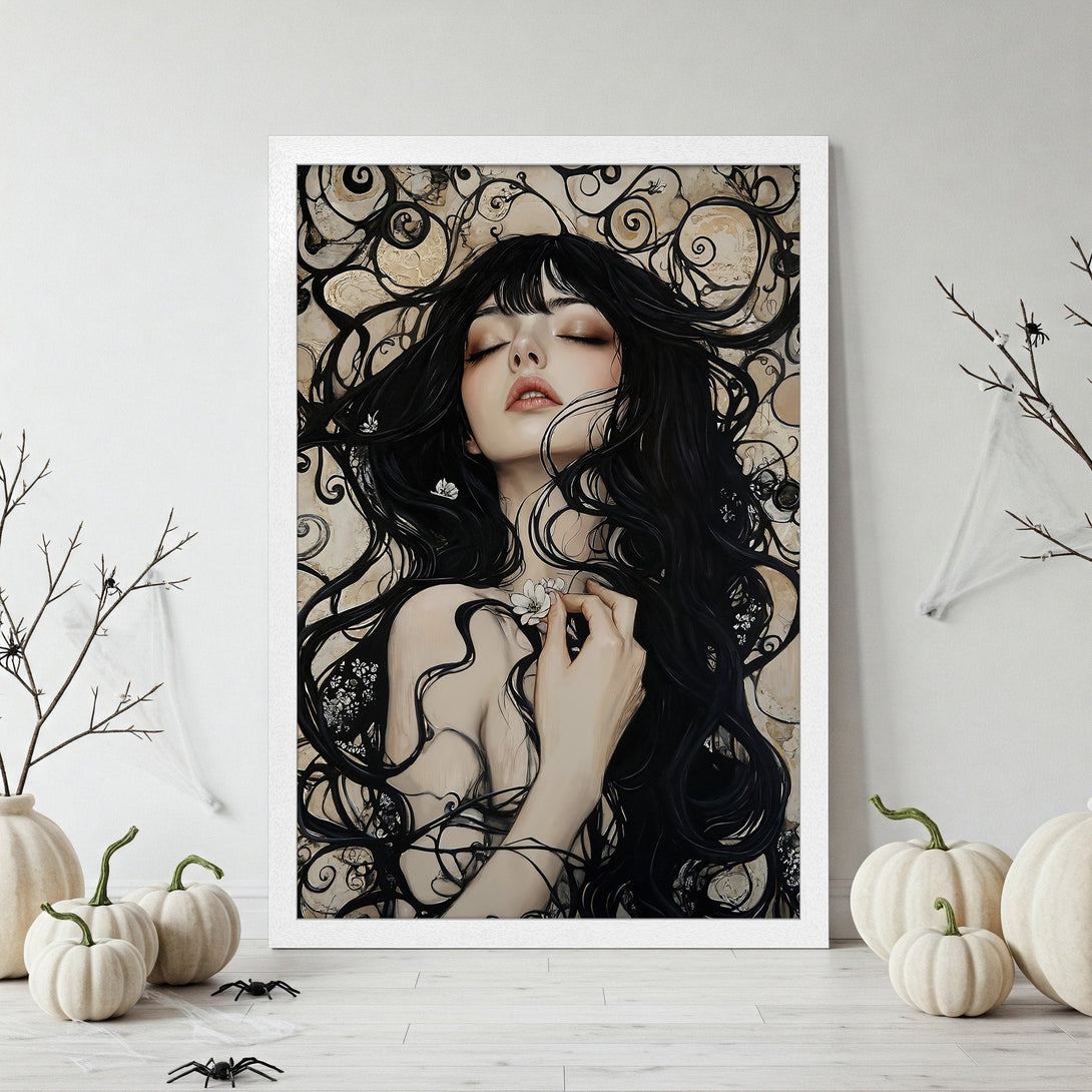 Framed Poster featuring a gothic woman and raven, dark style, with a moody, neutral color palette. Perfect for Halloween decor.
