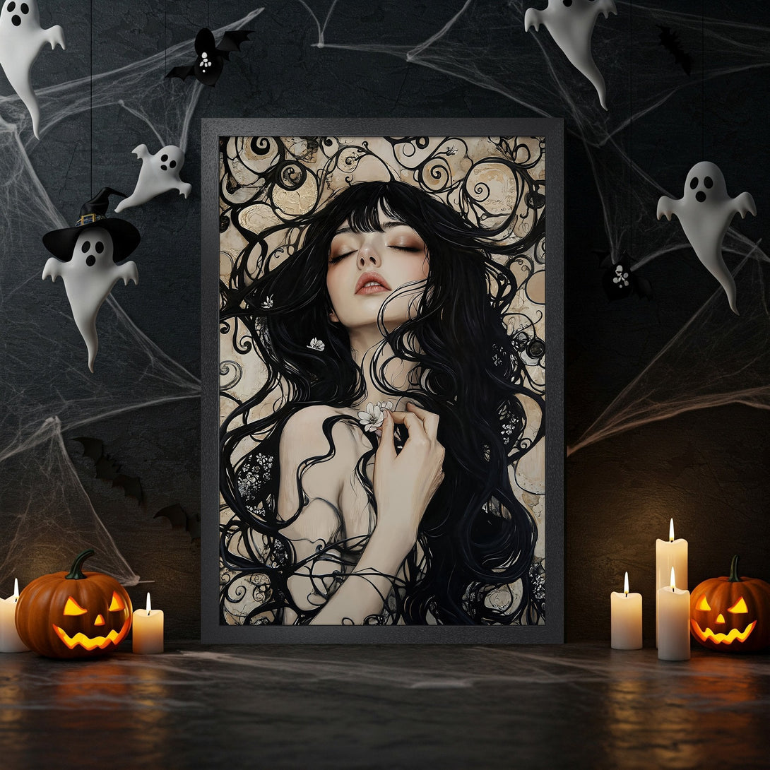 Framed Poster featuring a gothic woman with a raven, in a dark and moody style with a black and gold color palette, perfect for Halloween decor.