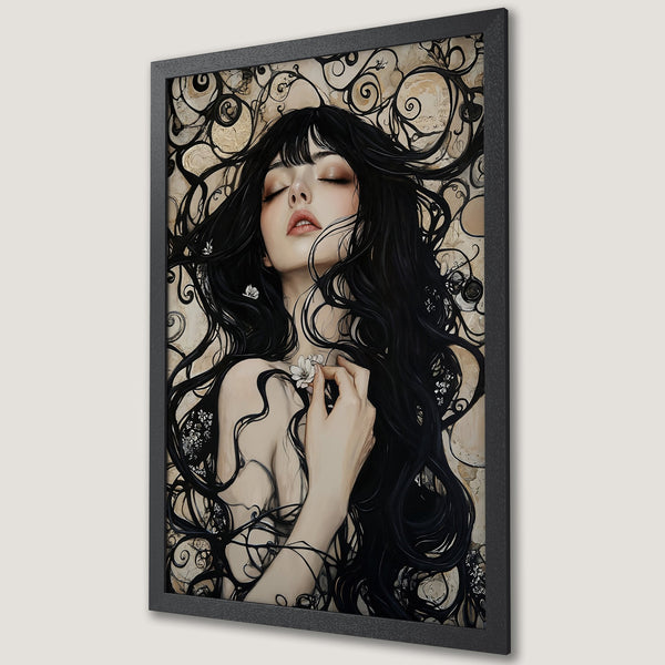 Framed Poster: Gothic woman with raven, dark art print. Moody portrait in black and gold tones. Perfect wall decor.