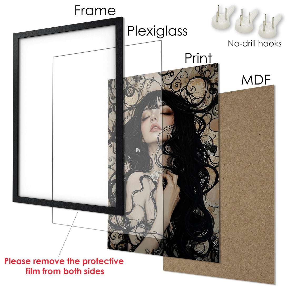 Framed Poster featuring a gothic woman with a raven, in a dark, moody color palette. Perfect for adding a touch of mystery to your space.