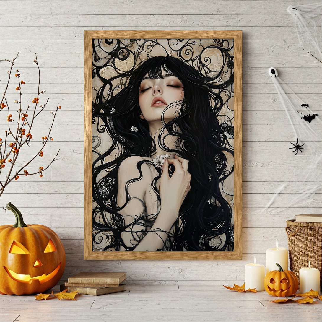Framed Poster featuring a gothic woman with a raven, in a vintage style with a dark and moody color palette. Perfect Halloween decor!