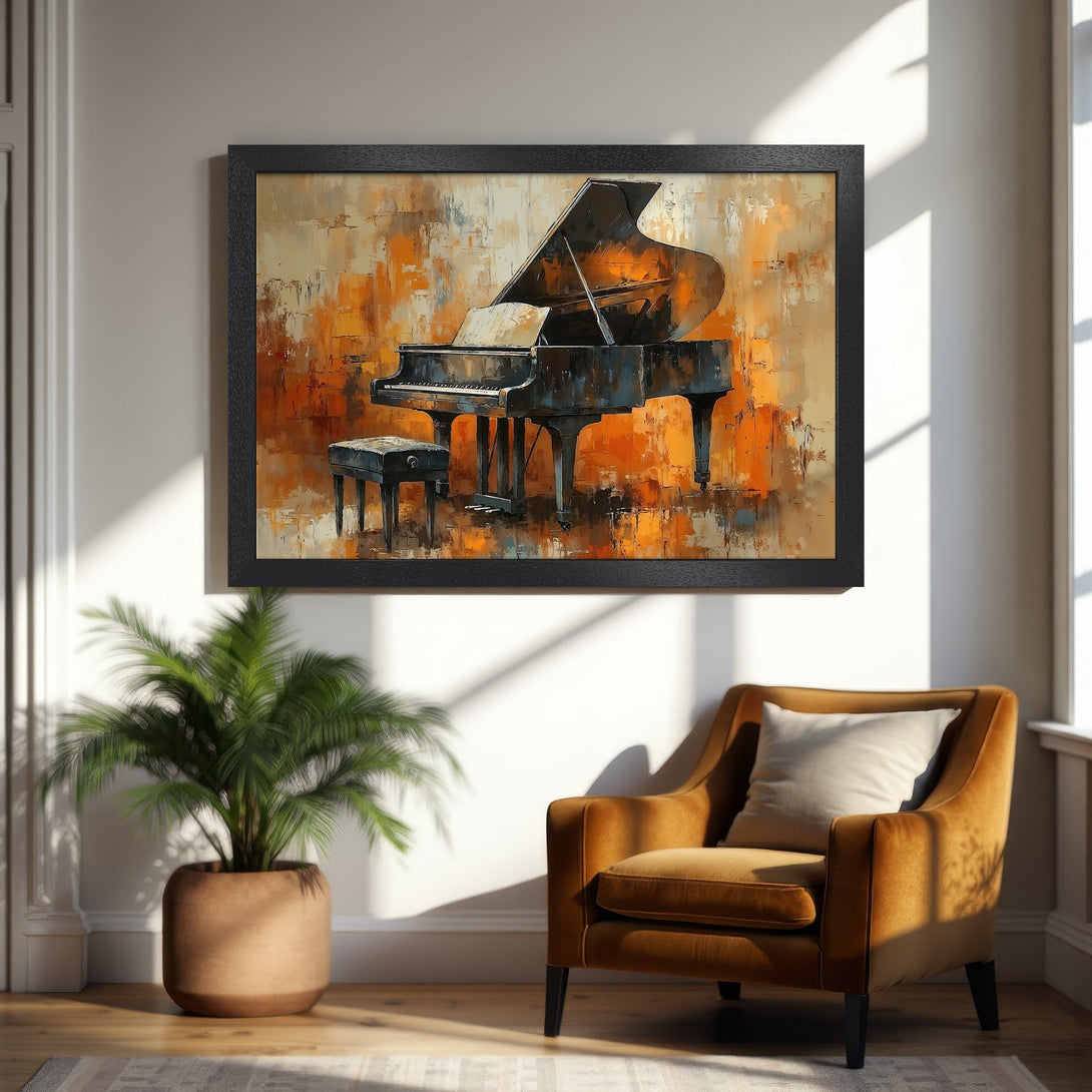 Framed Poster featuring a grand piano in an abstract style with warm orange and brown tones. Perfect for music lovers!