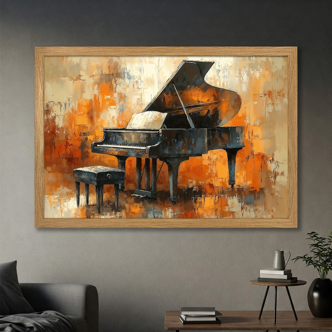 Framed Poster featuring an abstract piano painting in warm orange and neutral tones, perfect wall art for your home.