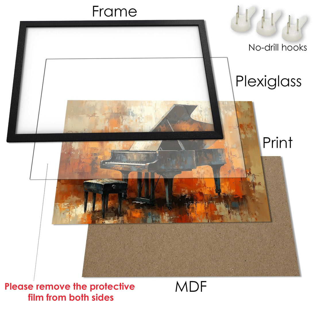 Framed Poster featuring a piano painting in warm orange and brown tones. Modern art style for your home decor.