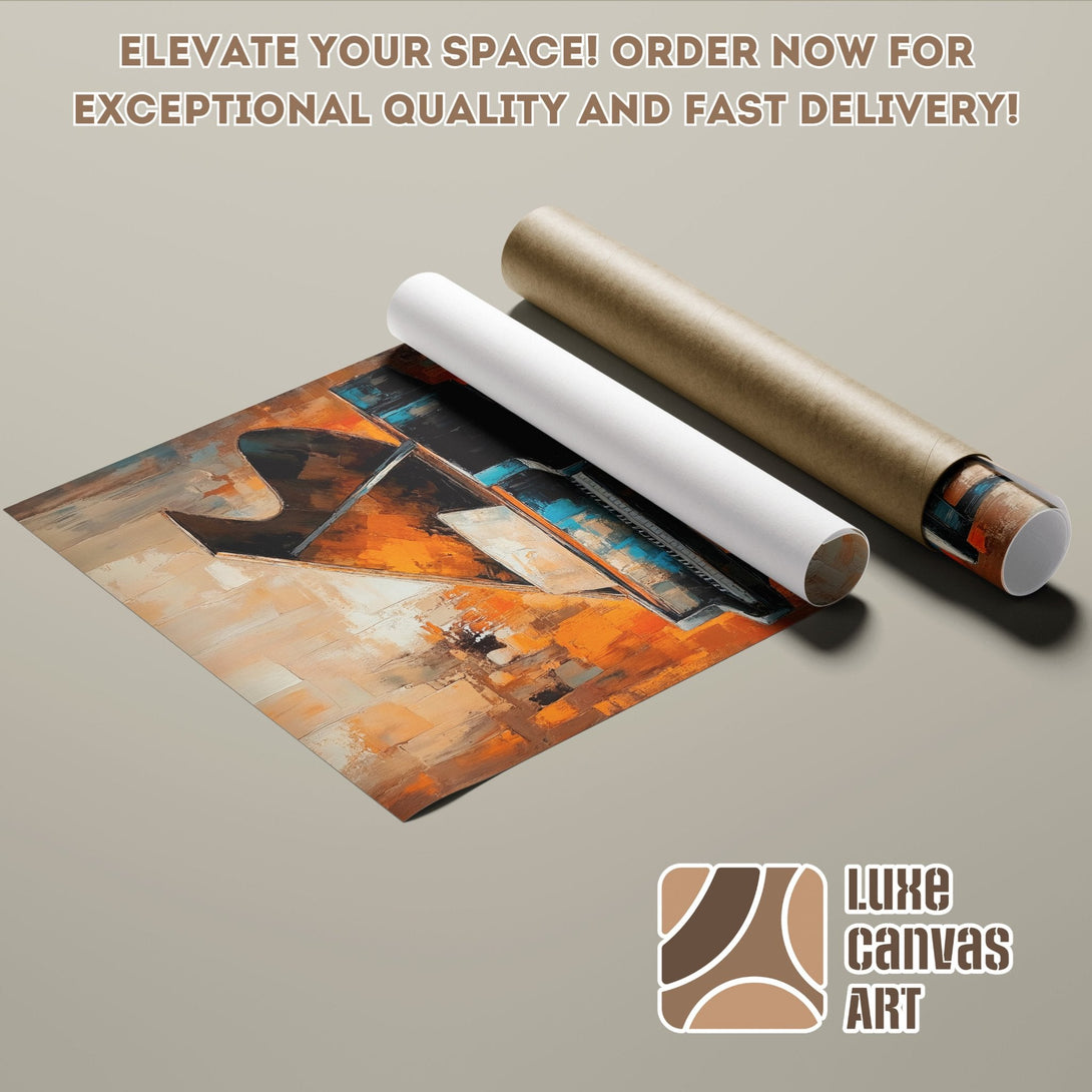 Abstract art Poster Roll in warm orange, brown, and blue tones. Elevate your space!