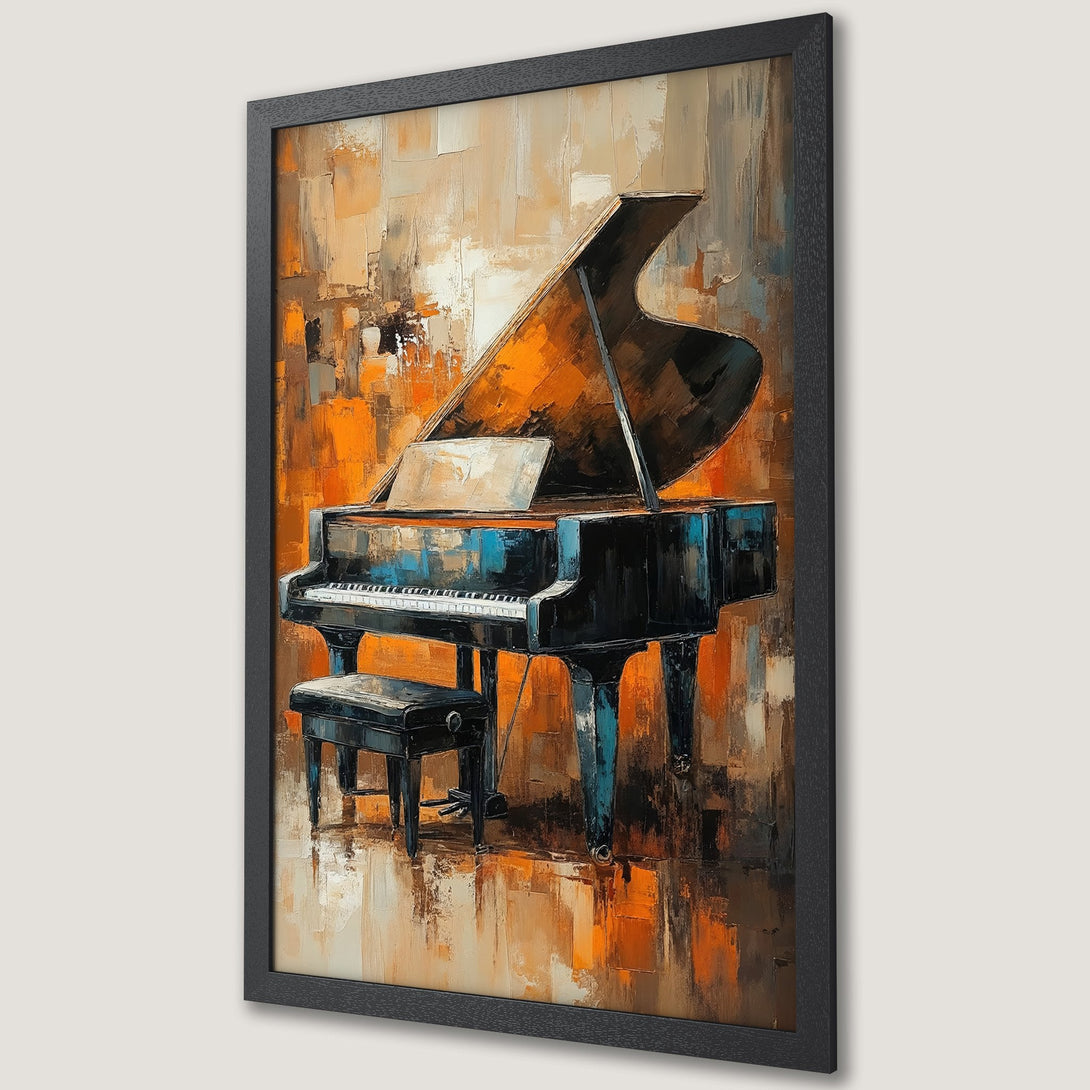 Framed Poster of a grand piano in an abstract style with warm orange and brown tones. Perfect wall art for music lovers!