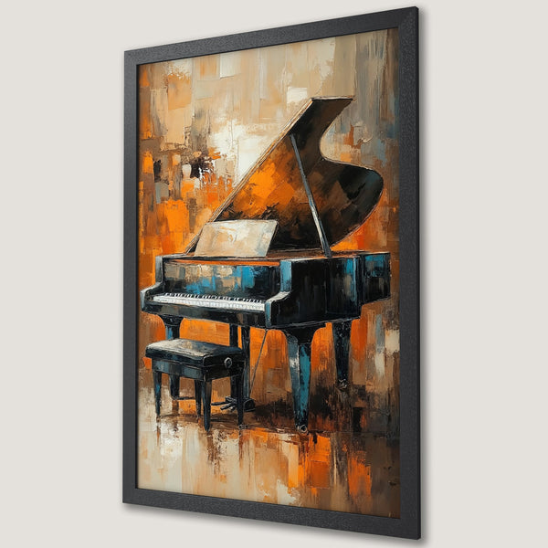 Framed Poster of a grand piano in an abstract style with warm orange and brown tones. Perfect wall art for music lovers!