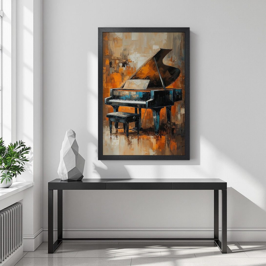 Framed Poster of a grand piano in an abstract style, warm orange and blue tones. Perfect wall art for music lovers!