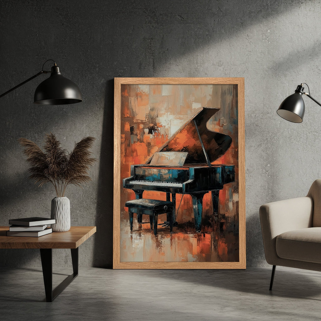 Framed Poster featuring a piano painting in an abstract style with warm orange and cool blue tones. Perfect wall art!