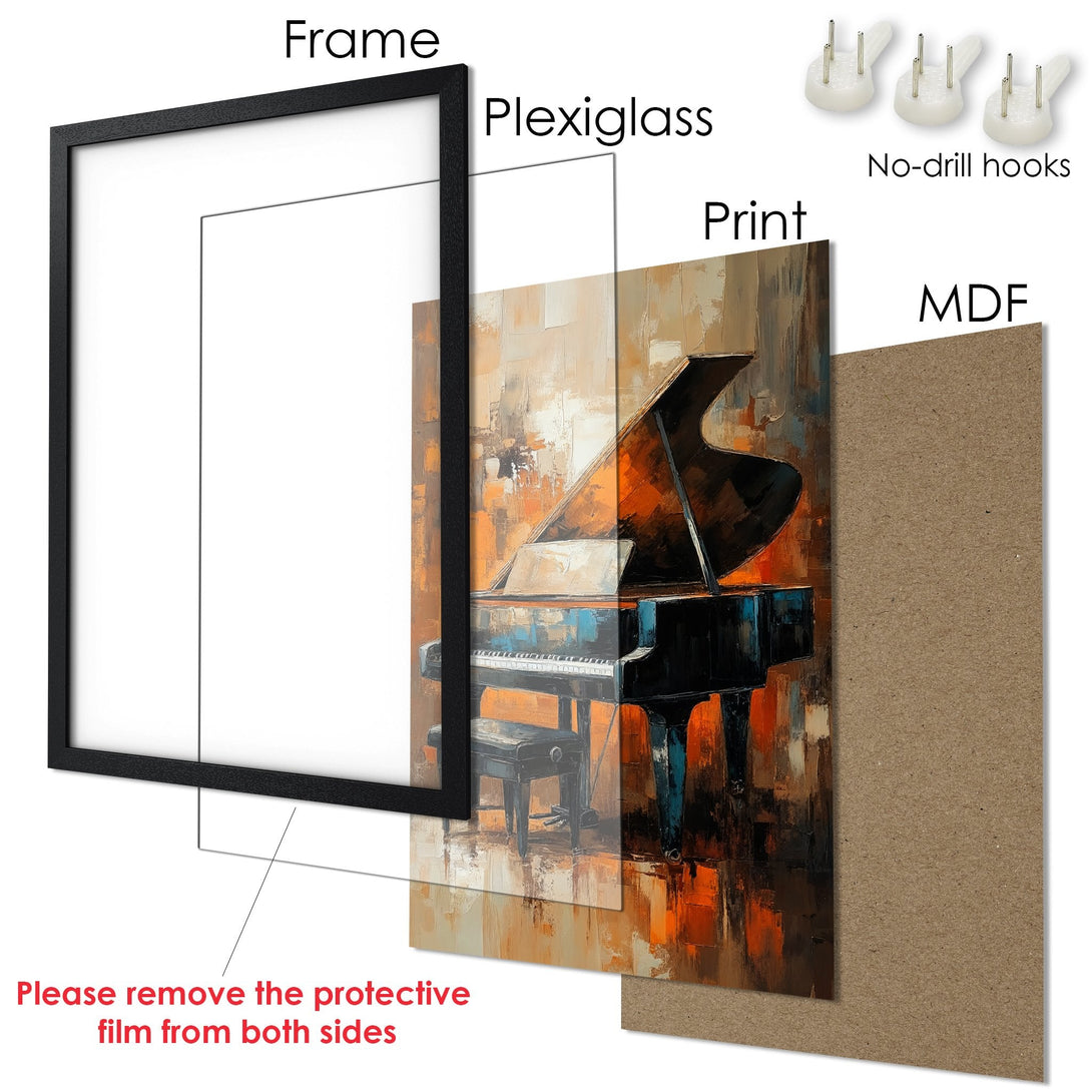 Framed Poster featuring a piano in an abstract style with a warm orange and black color palette. Perfect wall art for your home!