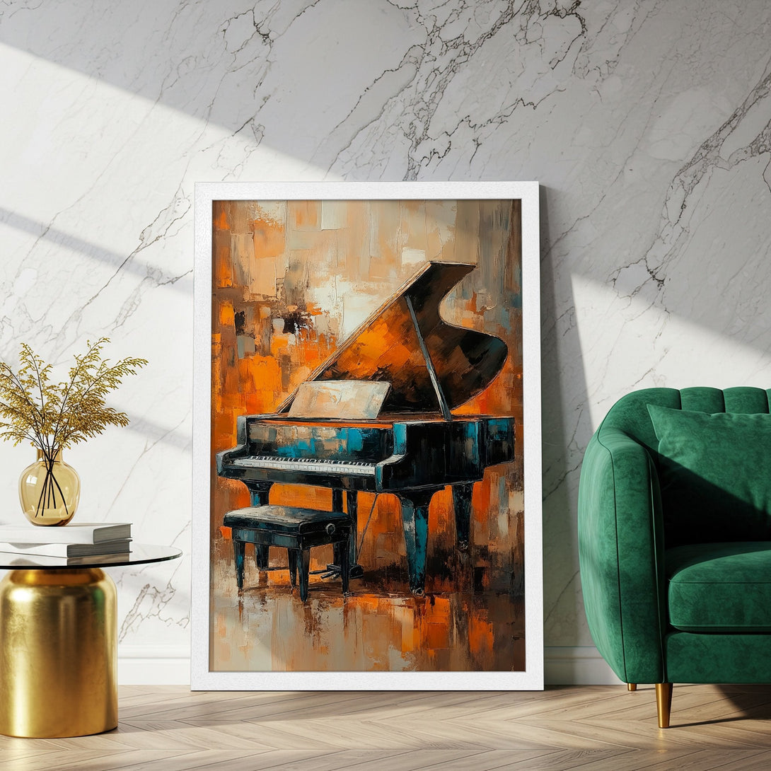 Framed Poster featuring an abstract piano painting in warm orange and blue tones, perfect for home decor.