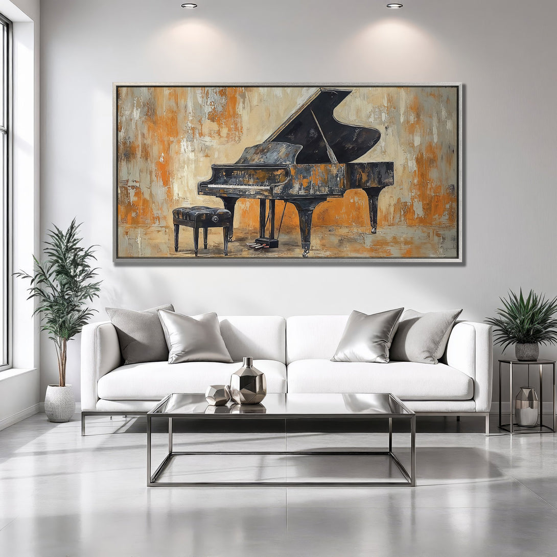 Framed Wall Art: Abstract piano painting in warm orange & gray tones. Modern home decor. Canvas Print for living room.