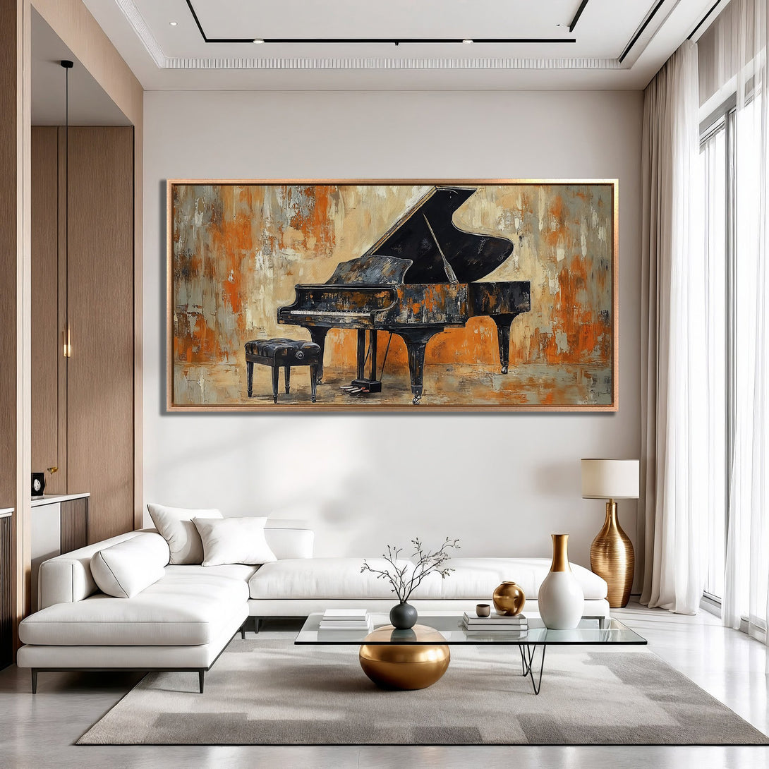 Framed Wall Art: Abstract piano painting in warm orange & gray tones. Modern art canvas print adds elegance to any living room.