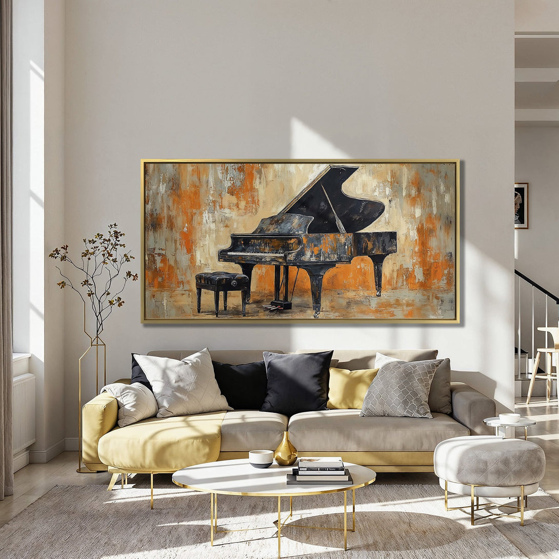 Canvas Print of a grand piano in an abstract style with warm orange, gray, and black tones, displayed in a stylish interior.