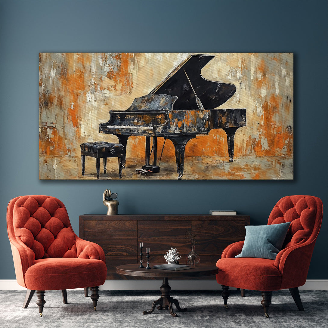 Framed Wall Art: Abstract piano painting in warm orange and grey tones. Modern art canvas print for living room decor.