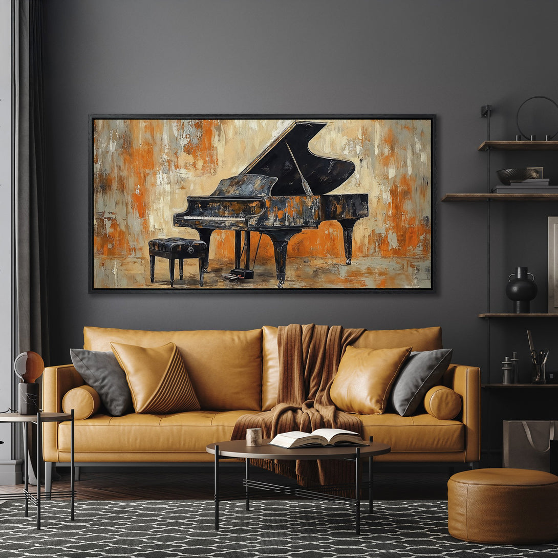 Framed Wall Art featuring a grand piano, abstract style, with a warm orange and black color palette. Perfect for living room decor.